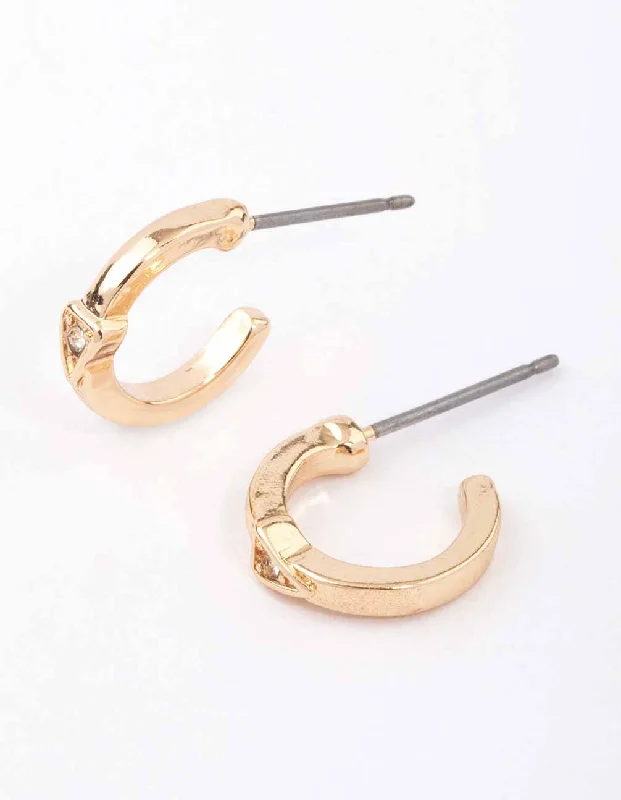 Women’s crystal earrings-Gold Triangular Diamante Huggie Earrings