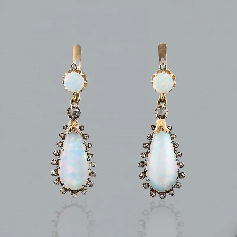 Women’s minimalistic earrings-Early Victorian 18k Opal and Diamond Dangle Earrings