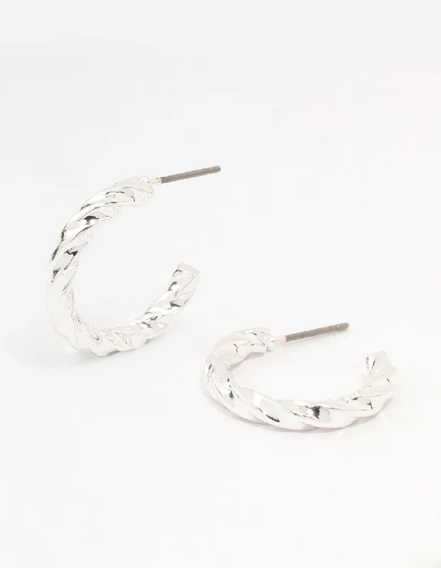 Women’s black diamond earrings-Silver Twisted Huggie Earrings