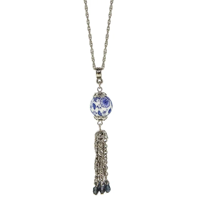 Women’s vintage pendant necklace-1928 Jewelry Blue Willow Round Bead With Tassel Drop Necklace 16" + 3" Extender