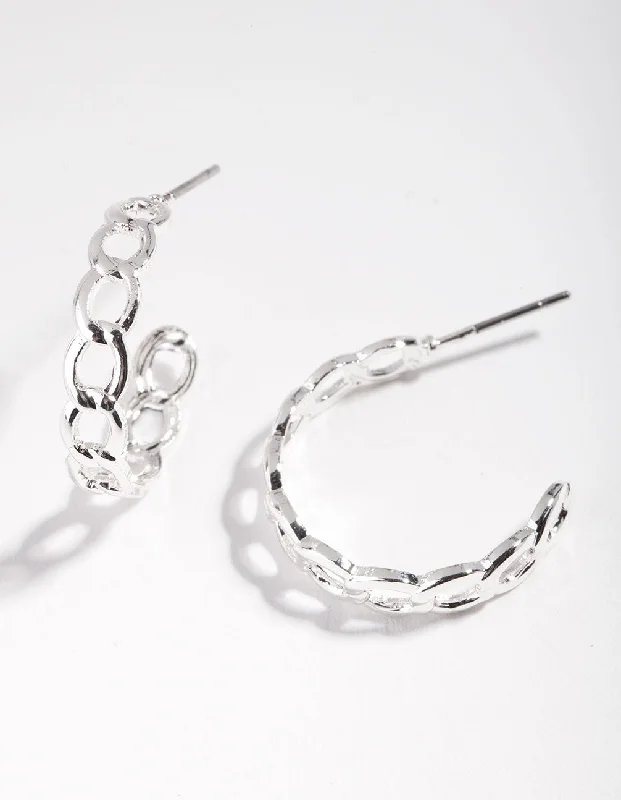 Women’s silver hoop earrings-Silver Chain Link Hoop Earrings