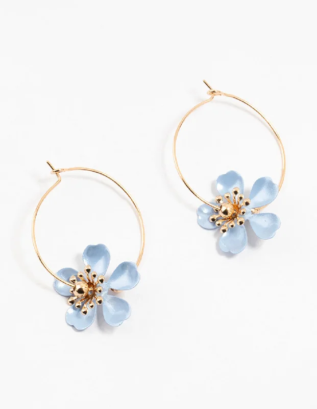 Women’s luxury earrings-Gold Coated Blue Stapled Flower Hoop Earrings