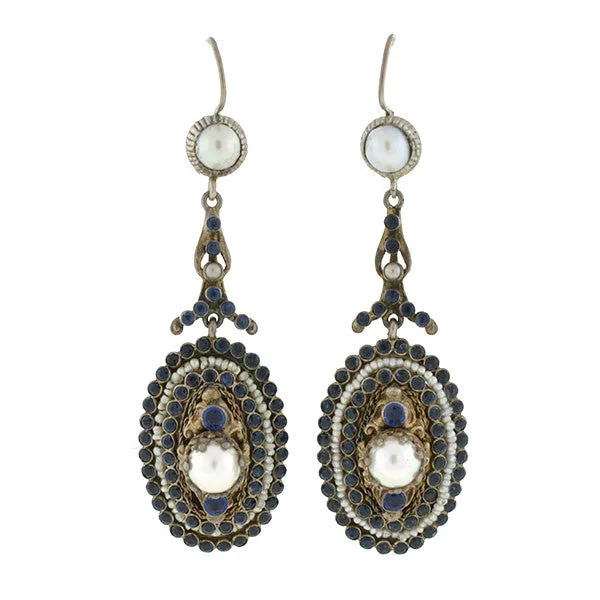 Women’s gold-plated earrings-Arts & Crafts Era Austro-Hungarian Sterling Gilt Faux Sapphire & Pearl Earrings