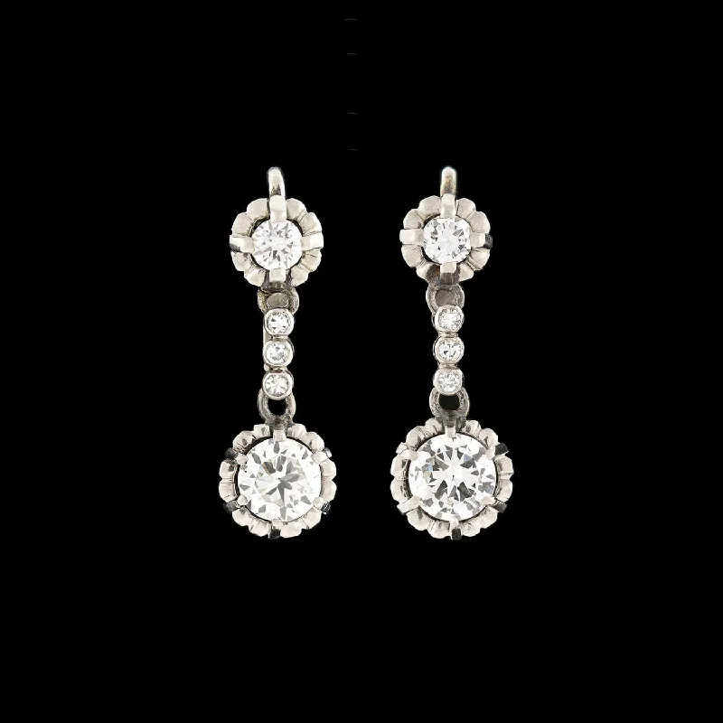 Women’s artisan earrings-Late Art Deco Platinum Diamond Dangle Earrings 1.75ctw