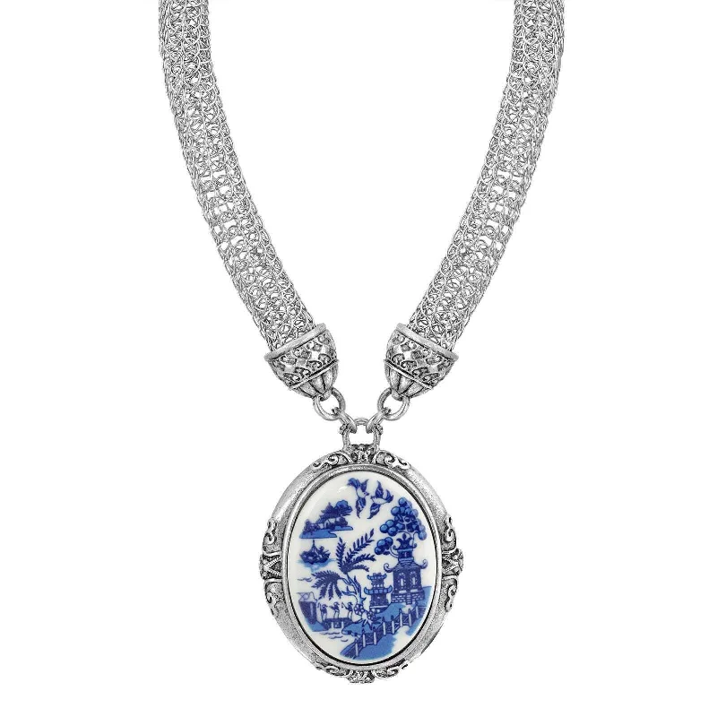 Women’s bar necklace-1928 Jewelry Blue Willow Signature Oval Pendant Mesh Tube Chain Necklace 18"