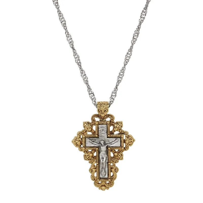 Women’s silver statement necklace-Symbols Of Faith Fleur De Lis Cross & Crucifix Pendant Necklace 24"