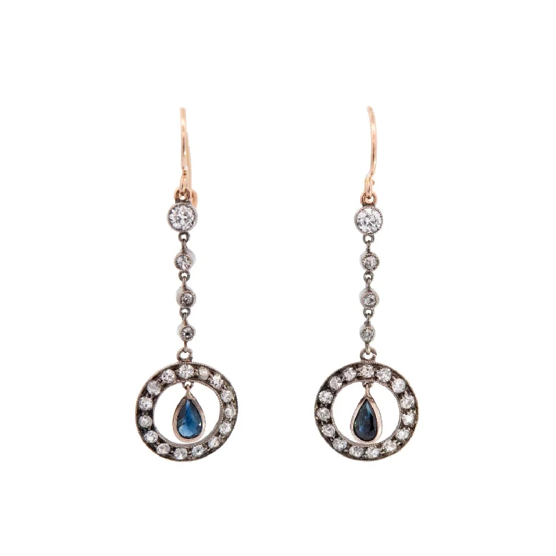 Women’s halo diamond earrings-Victorian 14k/Sterling Sapphire & Diamond Dangle Earrings