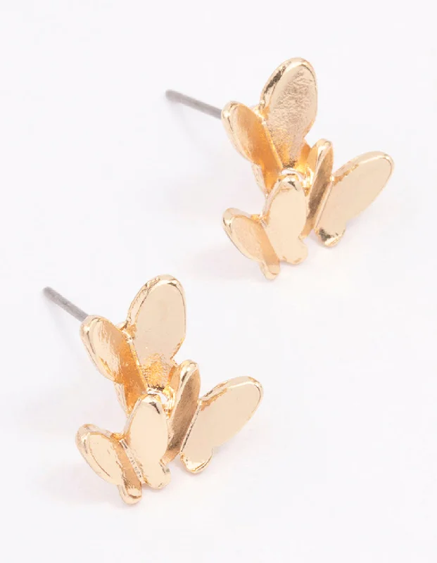 Women’s gold ball earrings-Gold Stacked Butterfly Stud Earrings