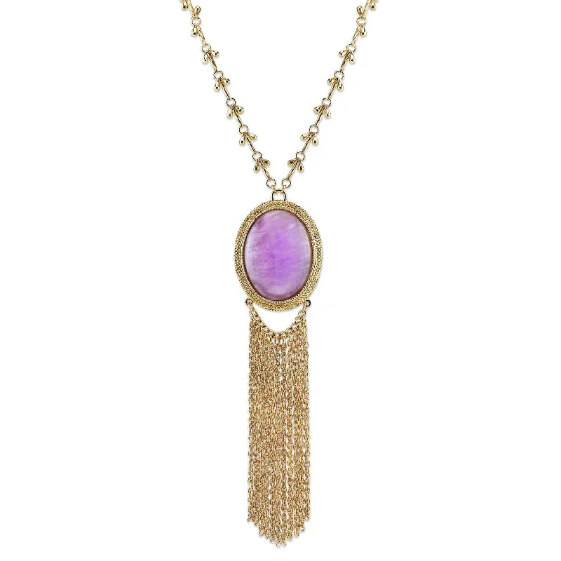 Women’s wedding necklace with diamonds-2028 Jewelry Purple Amethyst Gemstone Pendant Gold Tassel Necklace 26" + 3: Extender