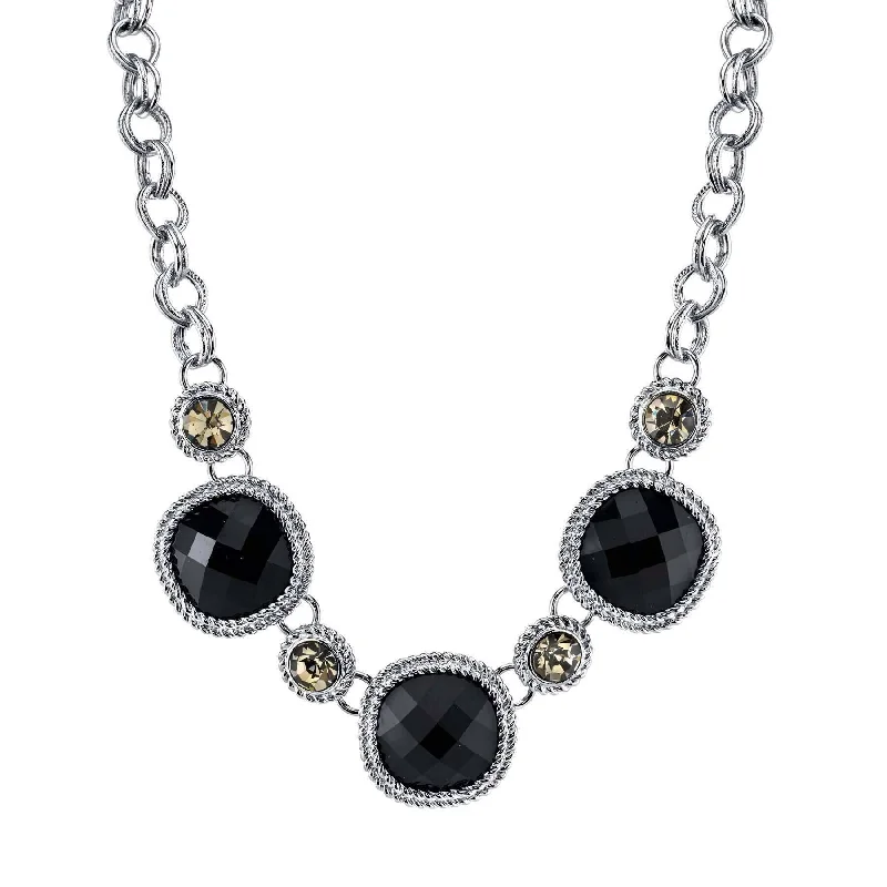 Women’s rose gold necklace-2028 Jewelry Black Faceted Stone & Black Diamond Crystal Necklace 16" + 3" Extender