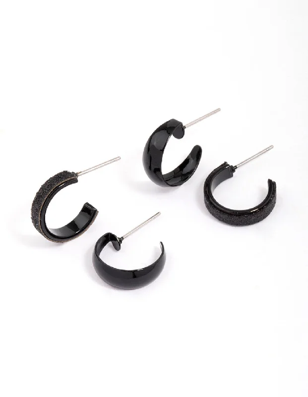 Women’s gold dangling earrings-Black Glitter Hoop Earring Pack