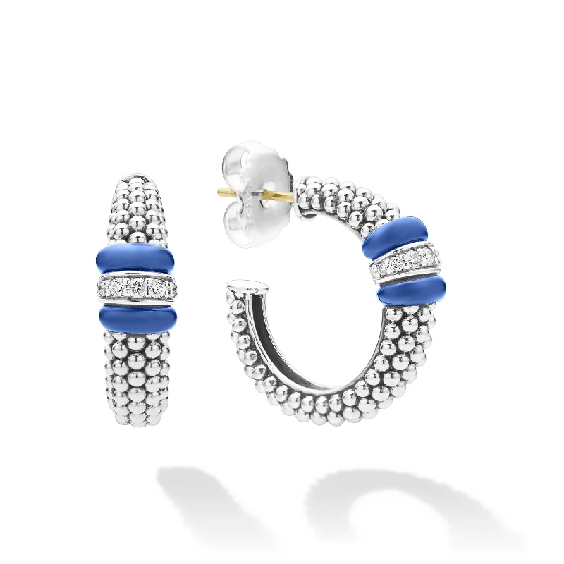 Women’s silver hoop earrings-Blue Caviar Ceramic Caviar Diamond Hoop Earrings