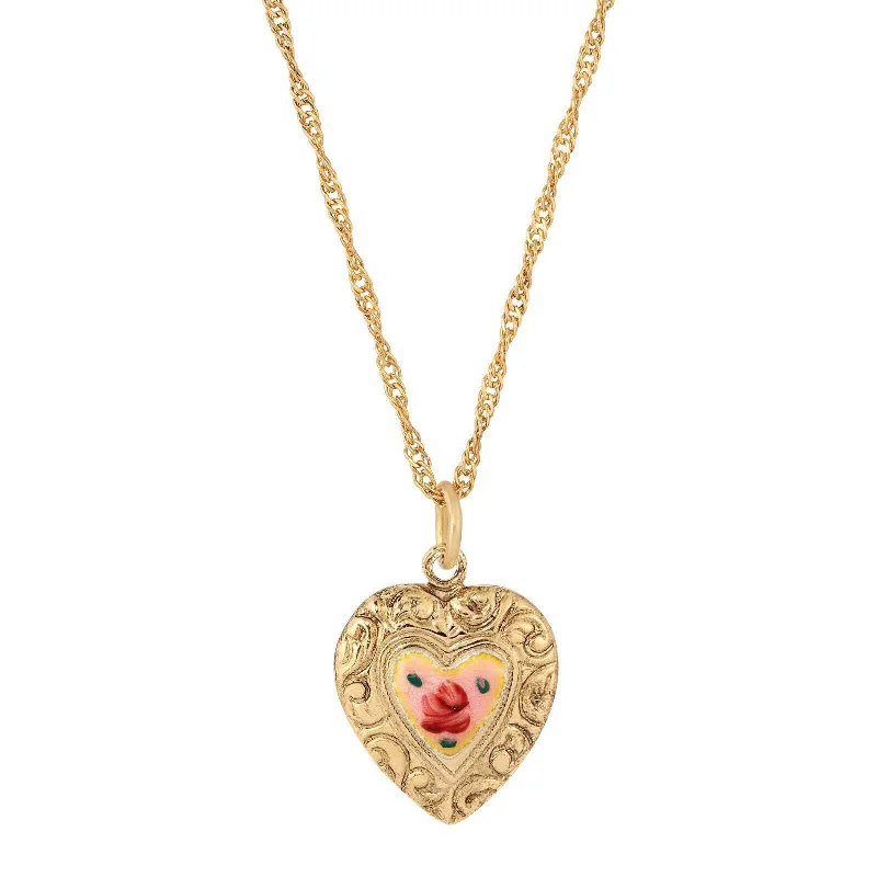 Women’s heart pendant necklace-1928 Jewelry Enchanting Bloom Pink Flower Heart Pendant Necklace 17"