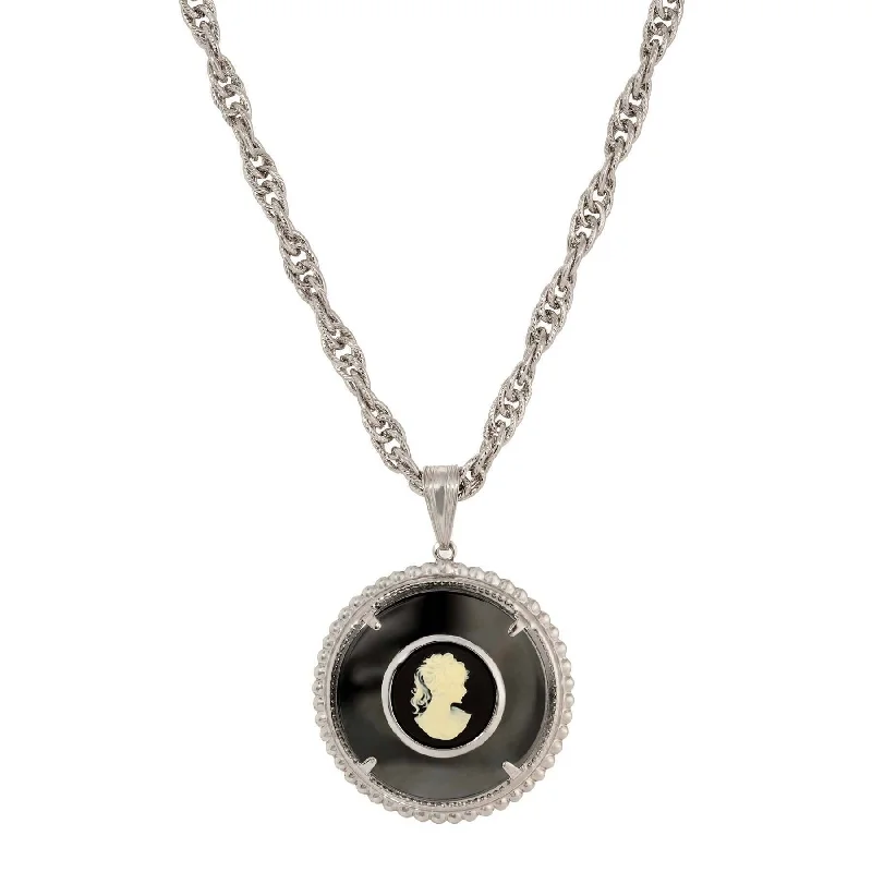 Women’s geometric pendant necklace-1928 Jewelry Hematite Gemstone Round Black & Ivory Cameo Pendant Necklace 18"L