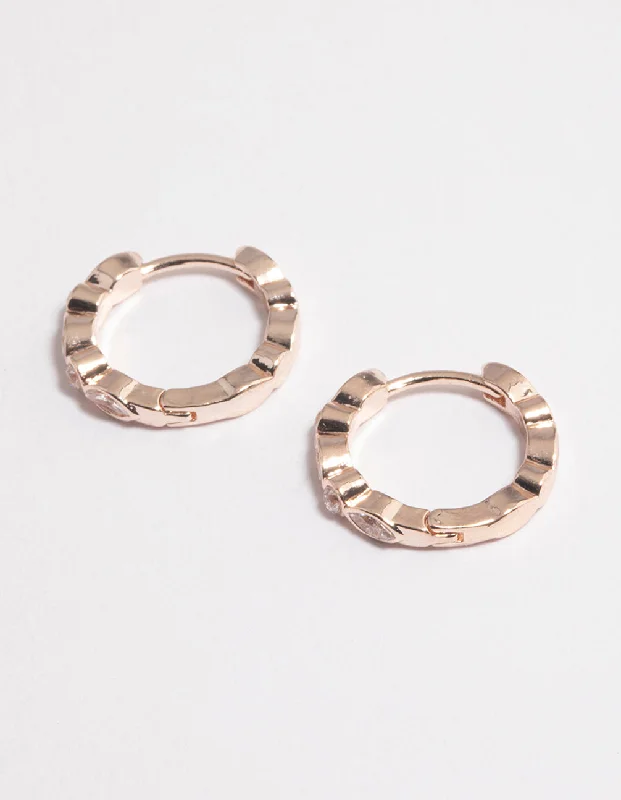 Women’s chic earrings-Rose Gold Diamante Row Huggie Earrings