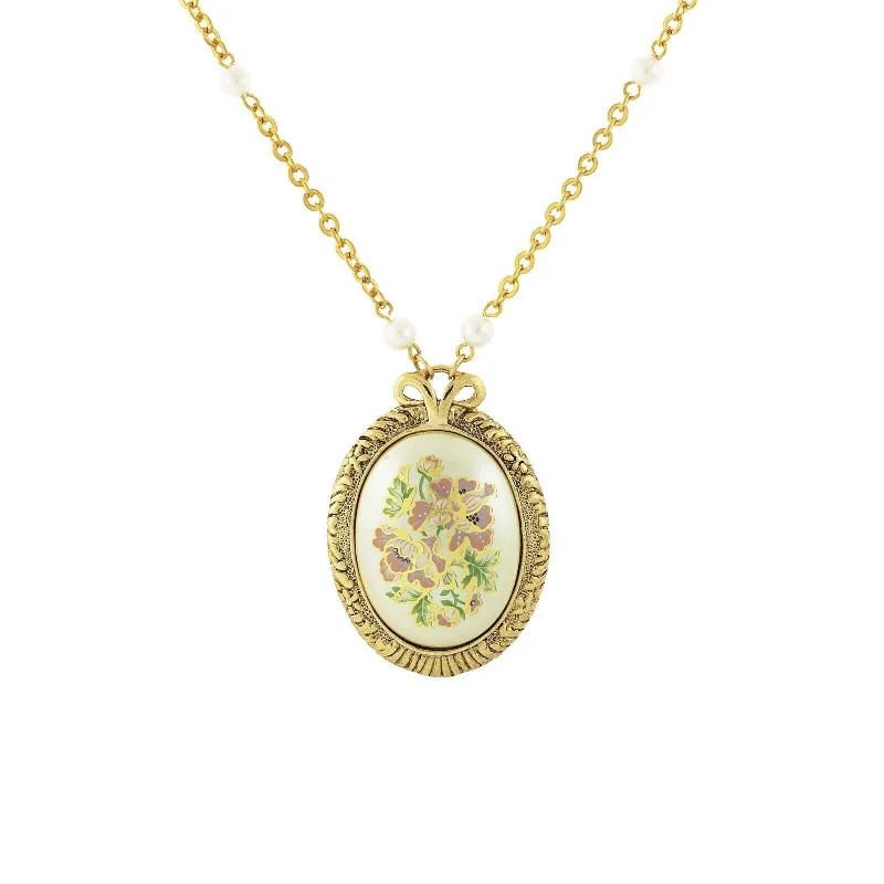 Women’s wedding necklace-1928 Jewelry Large Oval Flower Decal Faux Pearl Pendant Necklace 30"