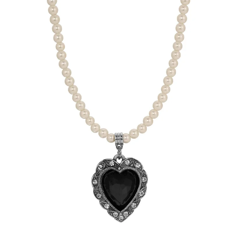 Women’s layered necklace-1928 Jewelry Antique Romance Faux Pearl Strand Heart Crystal Pendant Necklace 15" + 3" Extension