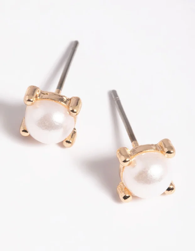 Women’s gold ball earrings-Gold Square Pearl Stud Earrings