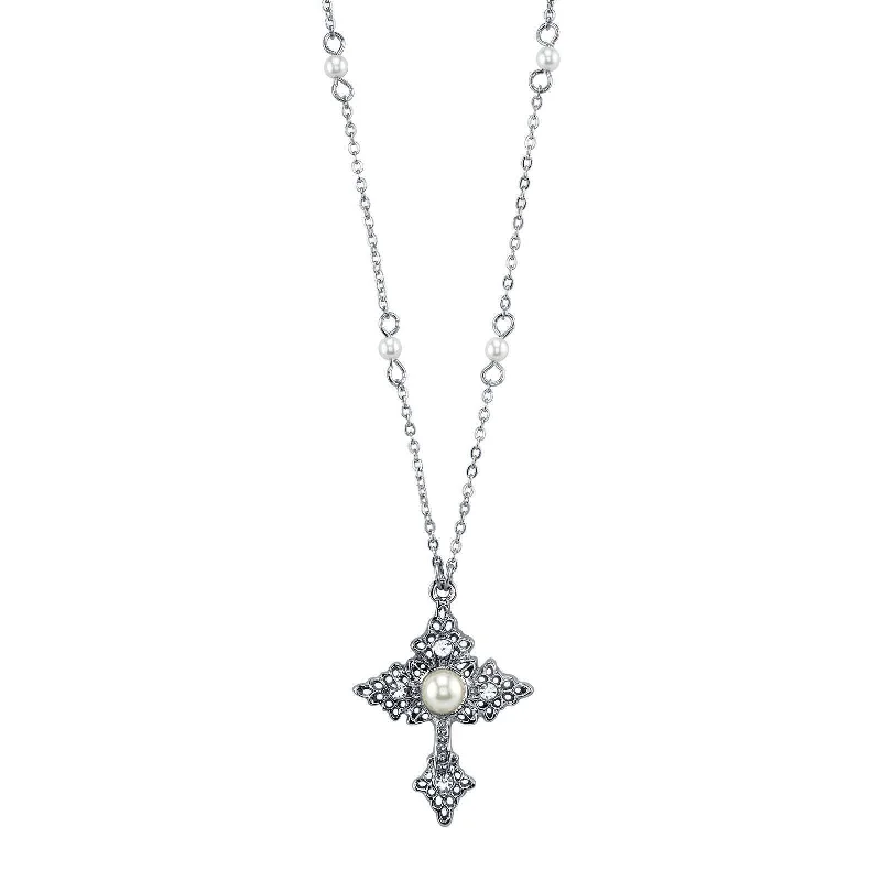 Women’s pearl choker-1928 Jewelry Filigree Cross With Faux Pearl Crystal Accent Pendant Necklace 16" + 3" Extender