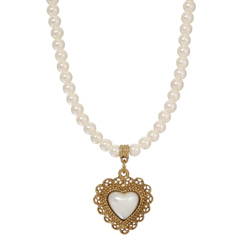 Women’s moon and stars necklace-1928 Jewelry Glass Faux Pearl Strand & Faux Pearl Heart Filigree Pendant Necklace 15" + 3" Extension