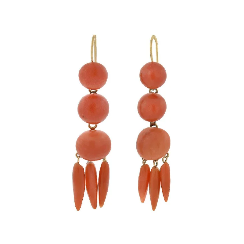 Women’s crystal stud earrings-Victorian 14kt Carved Natural Coral Dangling Earrings