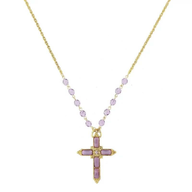 Women’s zodiac necklace-1928 Jewelry Amethyst Moonstone Cross Pendant & Tanzanite Glass Bead Necklace 28"