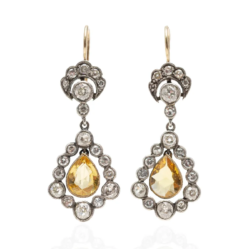 Women’s floral drop earrings-Victorian 18kt/Sterling No Heat Ceylon Yellow Sapphire 2.25ctw + Diamond Dangle Earrings 3.5ctw