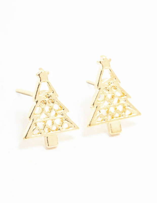 Women’s personalized earrings-Gold Cut Out Tree Stud Earrings