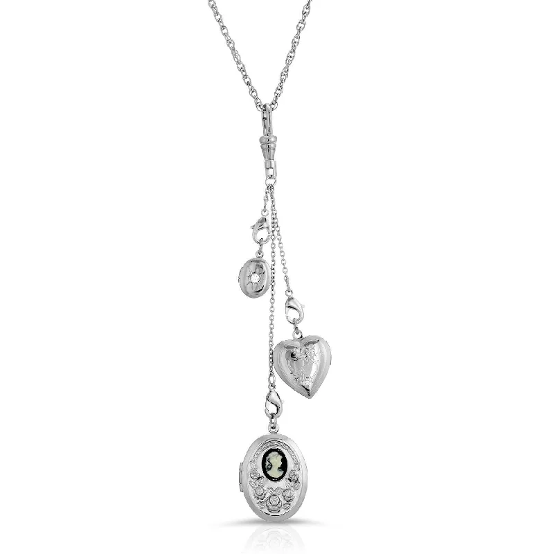 Women’s vintage necklace-1928 Jewelry Multi Charm Heart & Oval Black Cameo Locket Necklace 30"