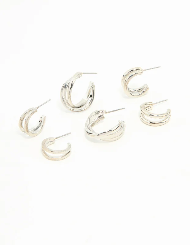 Women’s hoop and stud earrings-Silver Hoop Earrings 3-Pack