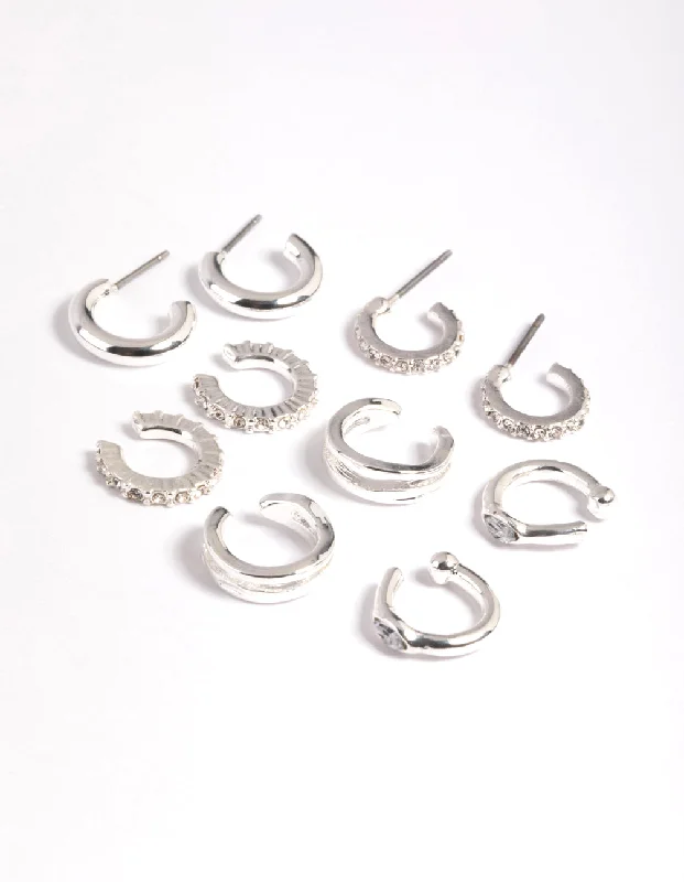 Women’s sterling silver earrings-Silver Plated Diamante Hoops 5-Pack