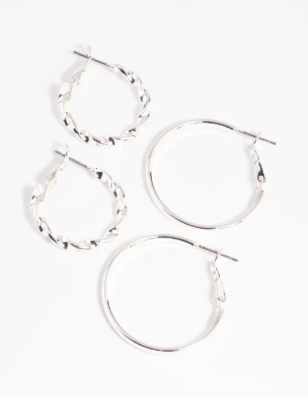 Women’s vintage diamond earrings-Silver Twisted Hoop Earring Set