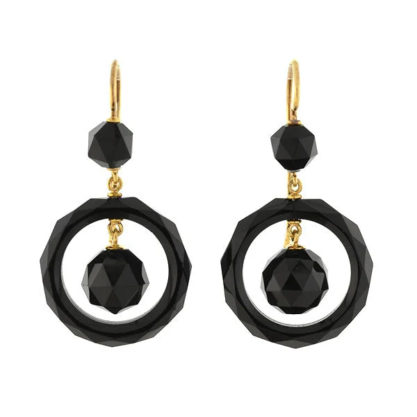 Women’s multi-drop earrings-Victorian 14kt Faceted Onyx Ball + Ring Earrings