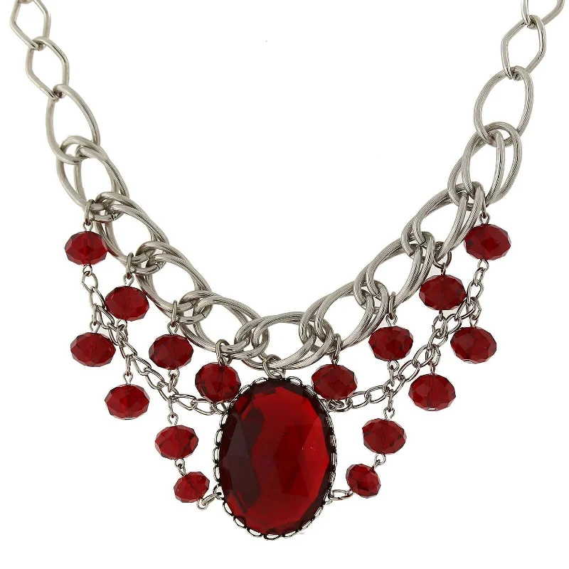 Women’s simple pendant necklace-1928 Jewelry Red Faceted Oval Stone And Crystal Bead Bib Necklace 18"