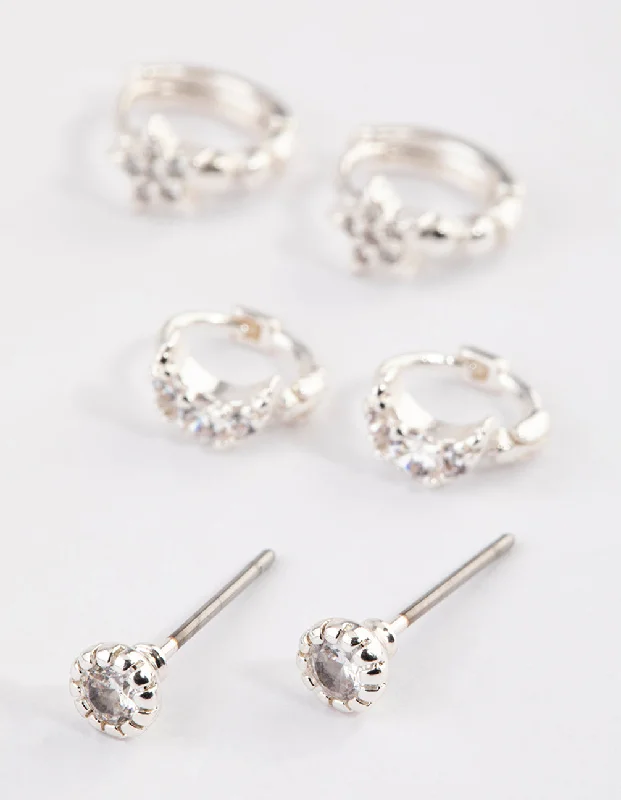 Women’s designer earrings-Silver Celestial Diamante Stud Earrings Pack