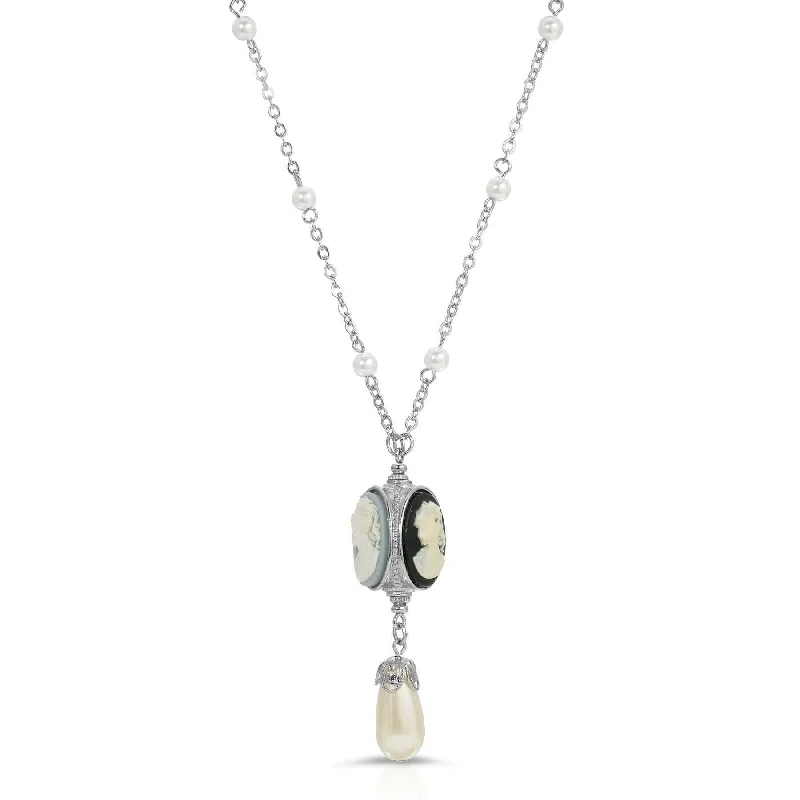 Women’s contemporary pendant necklace-1928 Jewelry Triple Cameo Spinner Faux Pearl Drop Necklace 28"L