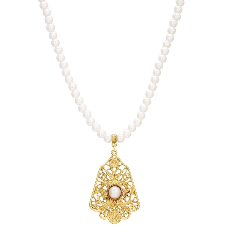 Women’s charm necklace-1928 Jewelry Filigree Shield 6mm Faux Pearl Strand Pendant Necklace 15"+ 3" Extender