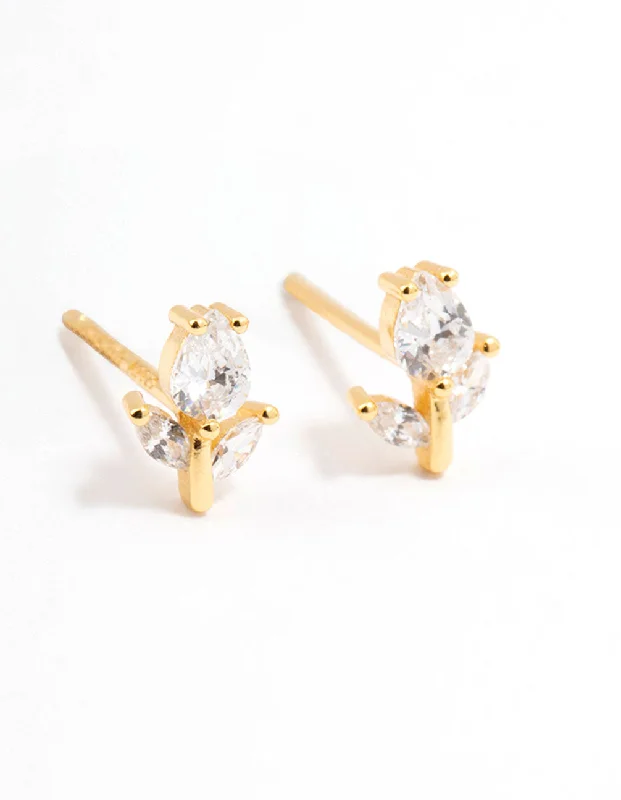 Women’s zirconia earrings-Gold Plated Sterling Silver Cubic Zirconia Flower Stem Stud Earrings