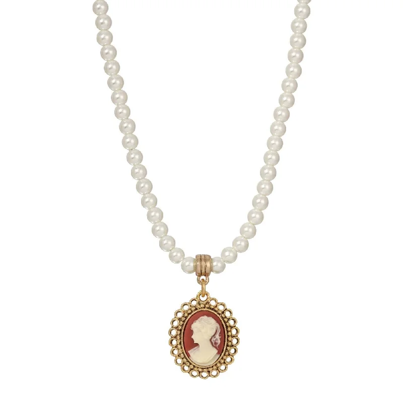 Women’s princess necklace-1928 Jewelry Carnelian Red Cameo Pendant 8mm Faux Pearl Strand Necklace Necklace 15" + 3" Extension