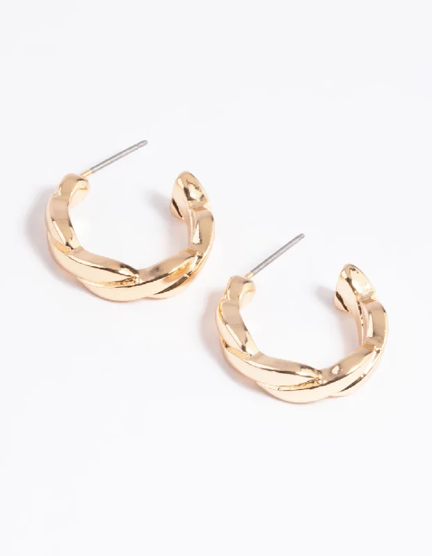 Women’s gold chain earrings-Gold Twisted Huggie Hoop Earrings