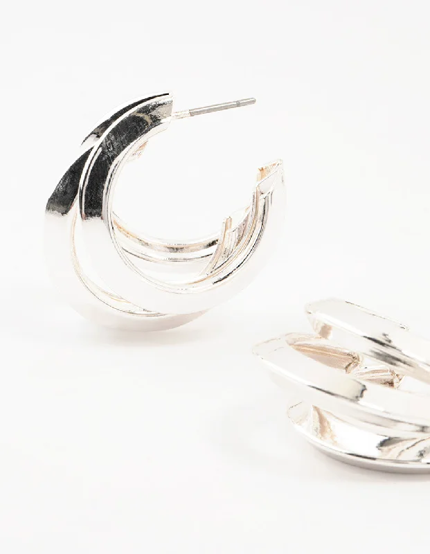 Women’s modern earrings-Silver Pointed 3 Layered Hoop Earrings