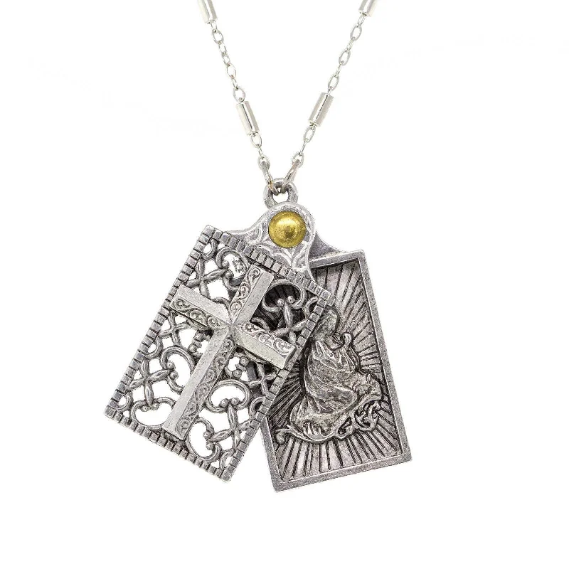 Women’s gold heart necklace-Symbols Of Faith Rectangular Cross and Angel Slide Locket Necklace 28"