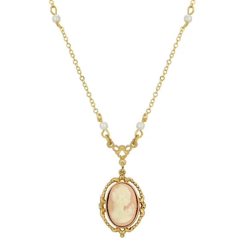 Women’s chokers necklace-1928 Jewelry Light Pink Oval Cameo Faux Pearl Pendant Necklace 16" + 3" Extender