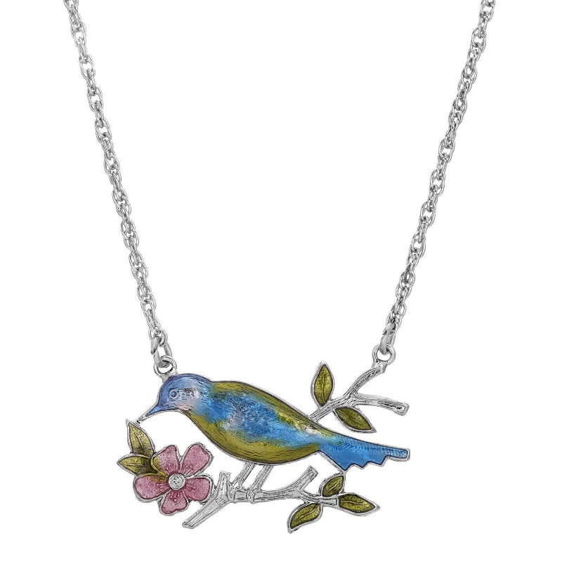 Women’s black diamond necklace-1928 Jewelry Enameled Perched Bird Pendant Necklace 18"