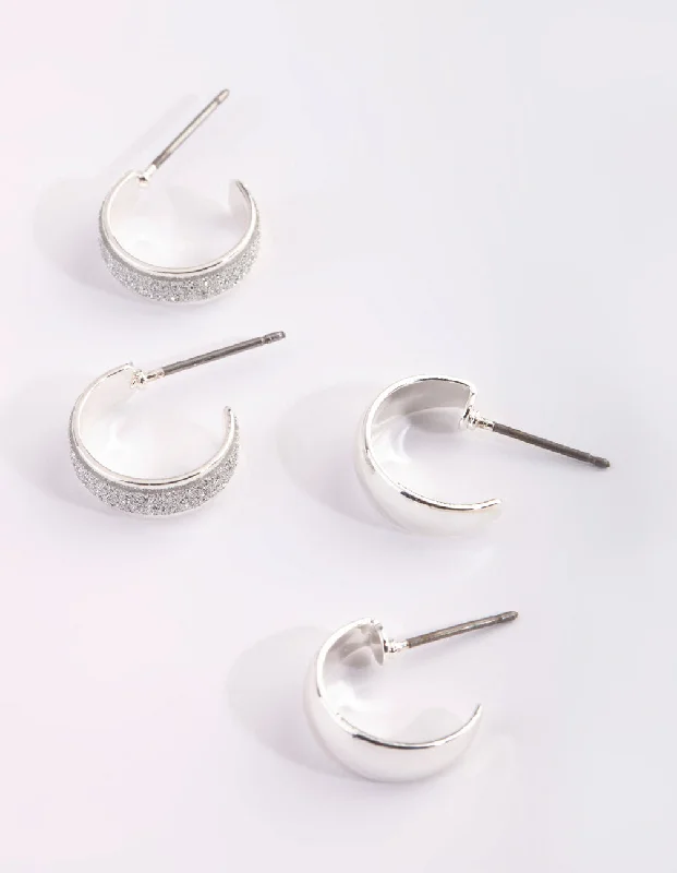 Women’s dangling earrings-Silver Glitter Huggie Hoop Earring Set