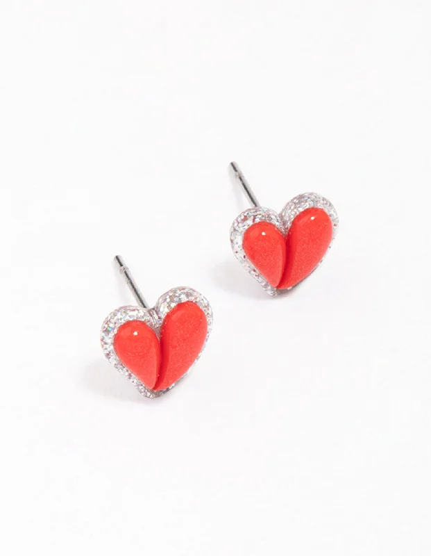 Women’s chic earrings-Red Puffy Heart Glitter Stud Earrings