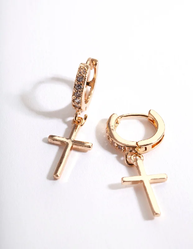 Women’s floral drop earrings-Gold Diamante Cross Huggie