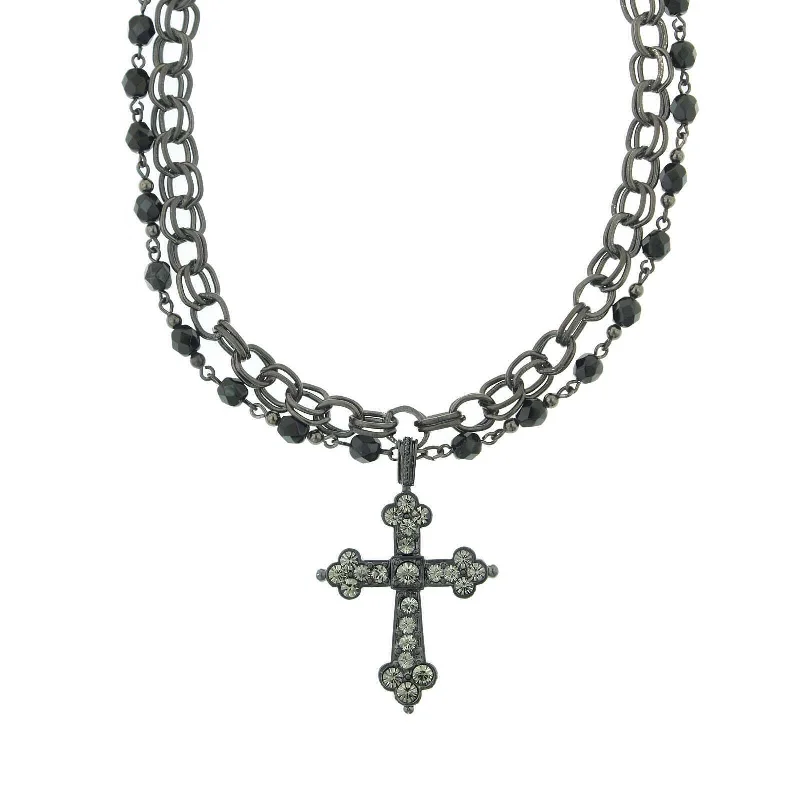 Women’s statement chain necklace-1928 Jewelry Jet Black Diamond Crystal Cross Chain Necklace 16" + 3" Extender