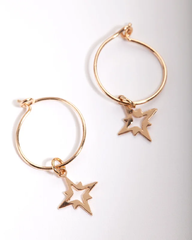 Women’s silver hoop earrings-Gold 13mm Star Hoop Earrings