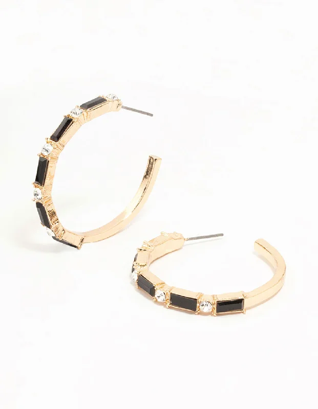 Women’s black gold earrings-Gold Baguette Cut Black Medium Hoop Earrings